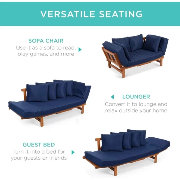 Outdoor Convertible Acacia Wood Futon Sofa Furniture for Patio, Balcony, Poolside - Image 3