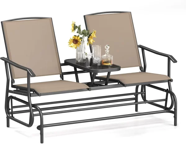 2 Person Swing Glider Chair, Patio Rocking Loveseat w/Center Tempered Glass Table - Image 7