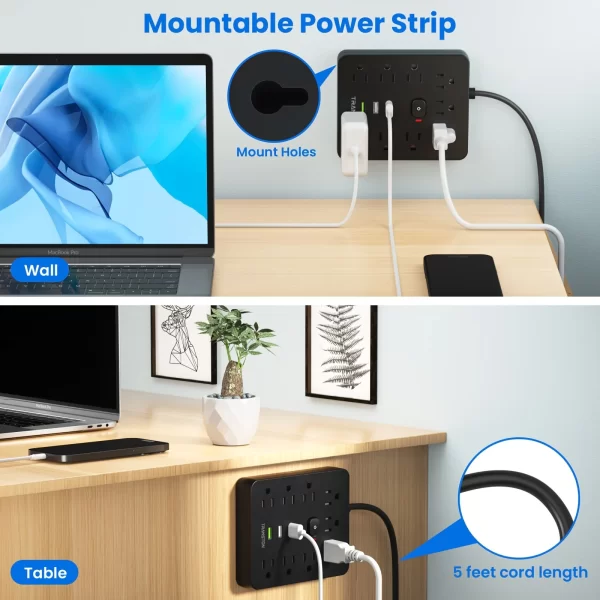 TRANSTON Power Outlet with Surge Protector, 9 power strip 3 USB Ports, 5ft Extension Cord - Image 3