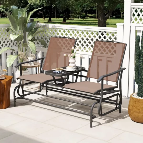2 Person Swing Glider Chair, Patio Rocking Loveseat w/Center Tempered Glass Table - Image 4