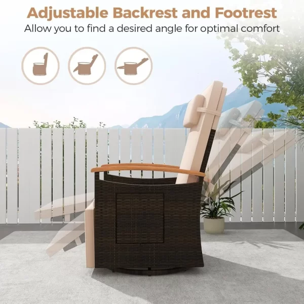 Outdoor Swivel Rattan Recliner Chairs Set of 2, Flip Side Table - Image 3