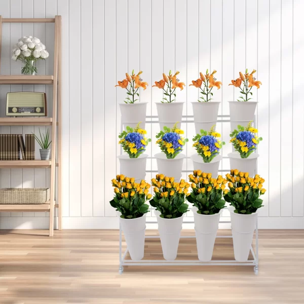 3 Layers Flower Display Stand Movable Modern Metal Plant Shelf with 12Pcs Flower Buckets - Image 12