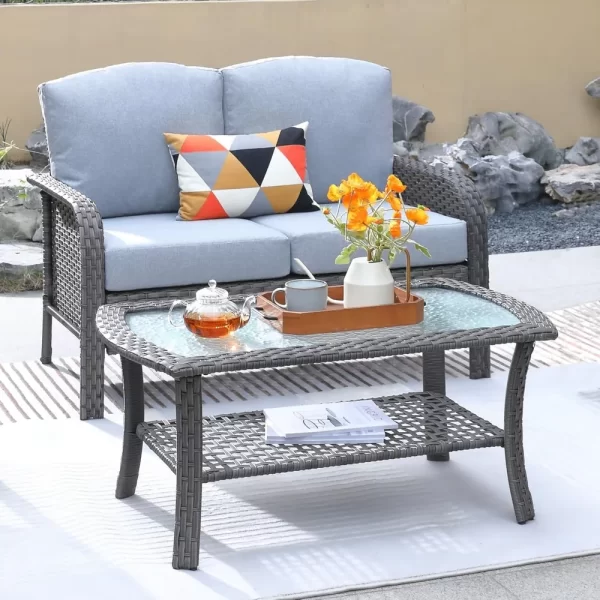 2 Pieces Patio Furniture Set, Outdoor Wicker Sofa with Glass Coffee Table