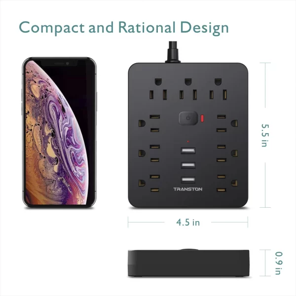 TRANSTON Power Outlet with Surge Protector, 9 power strip 3 USB Ports, 5ft Extension Cord - Image 2