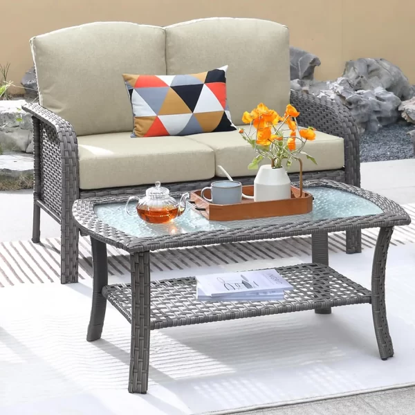 2 Pieces Patio Furniture Set, Outdoor Wicker Sofa with Glass Coffee Table - Image 10