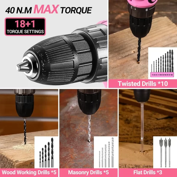 Pink Drill Tool Kit Set: 20V Cordless Power Drill Tool Box with Battery Electric Drill Driver - Image 4