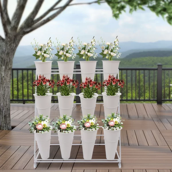3 Layers Flower Display Stand Movable Modern Metal Plant Shelf with 12Pcs Flower Buckets - Image 6