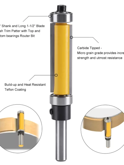 Flush Trim Router Bit with Top and Bottom Bearing 1‑1/2inch H * 1/4inch Shank Woodworking Tool