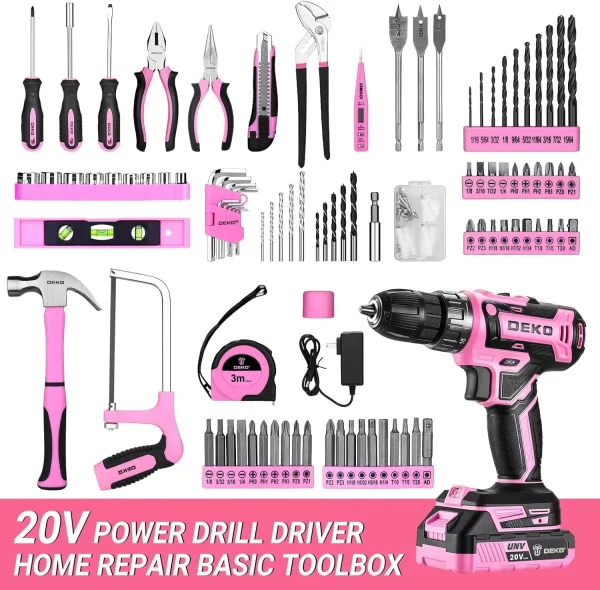 Pink Drill Tool Kit Set: 20V Cordless Power Drill Tool Box with Battery Electric Drill Driver - Image 2