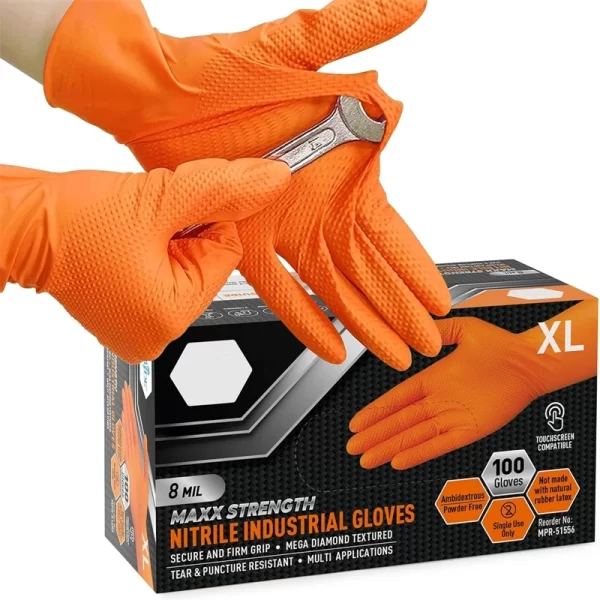 Heavy Duty Orange Nitrile Gloves 8Mil Industrial Disposable Gloves