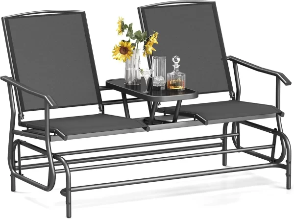 2 Person Swing Glider Chair, Patio Rocking Loveseat w/Center Tempered Glass Table - Image 11