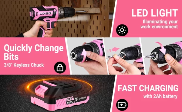 Pink Drill Tool Kit Set: 20V Cordless Power Drill Tool Box with Battery Electric Drill Driver - Image 8