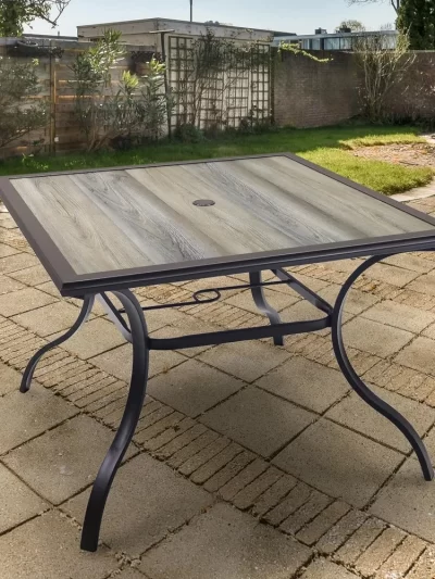 4 Person Patio Dining Table with 37 inch Square Wooden-Like PVC Table Top and Umbrella Hole