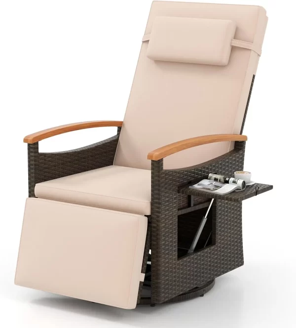 Outdoor Swivel Rattan Recliner Chairs Set of 2, Flip Side Table - Image 7