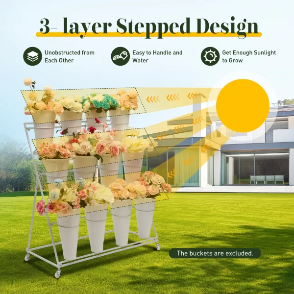 3 Layers Flower Display Stand Movable Modern Metal Plant Shelf with 12Pcs Flower Buckets - Image 37