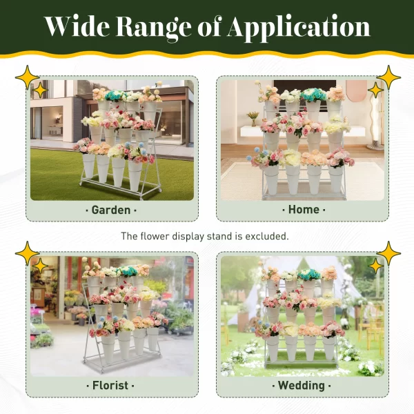 3 Layers Flower Display Stand Movable Modern Metal Plant Shelf with 12Pcs Flower Buckets - Image 29