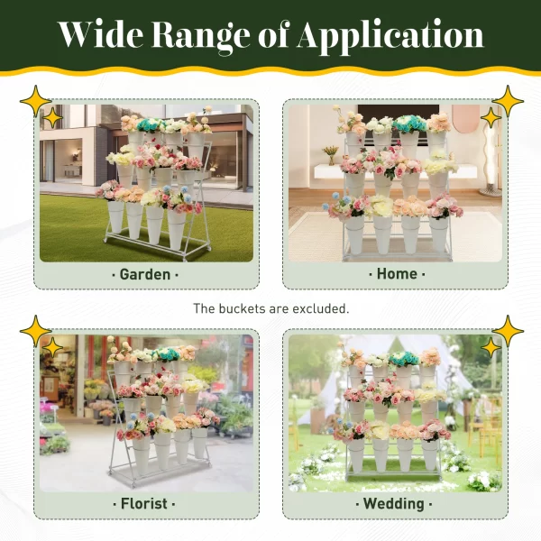 3 Layers Flower Display Stand Movable Modern Metal Plant Shelf with 12Pcs Flower Buckets - Image 41