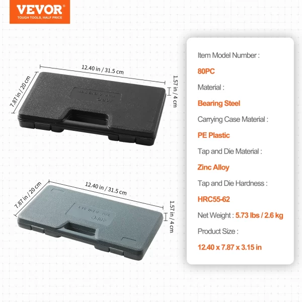 VEVOR Tap and Die Set 40PCs 60PCs 80PCs 110/116PCs Metric or SAE Standard Bearing Steel Taps and Dies Essential Threading Tool - Image 7