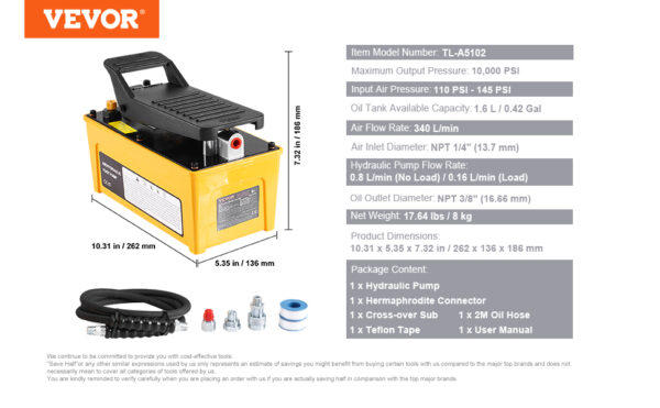 VEVOR 10,000PSI Air Hydraulic Pump 0.42 Gal Reservoir Treadle Foot Pump - Image 14