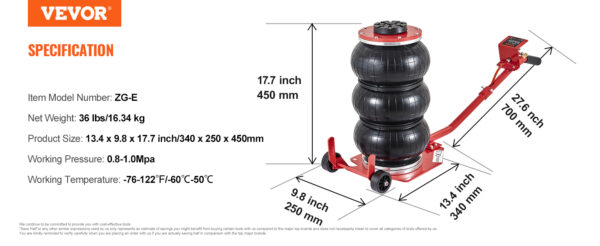 VEVOR Pneumatic Jack 3 Ton/5 Ton Triple Bag Air Jack Quick Lift Heavy Duty Car Repair Jacks - Image 21