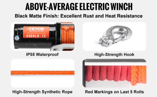 VEVOR 4500lbs ATV/UTV Electric Winch 12V DC with 39 ft Synthetic Rope Wireless & Wired Remote Control IP55 Waterproof - Image 11