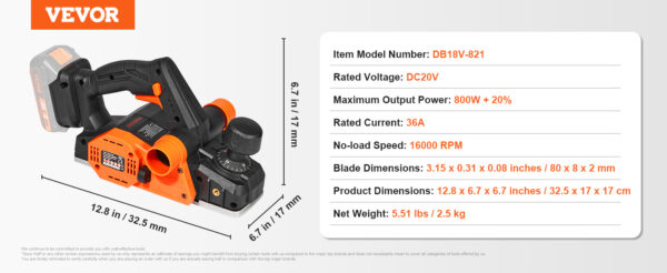 VEVOR Cordless Electric Hand Planer 3-1/4" Width 16500 RPM - Image 13