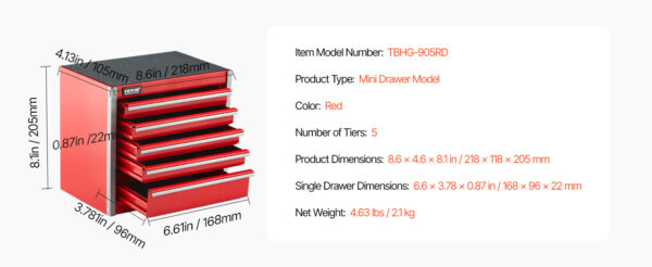 VEVOR 5-Drawer 8.6in Metal Tool Box Red/Black Portable Small Tool Chest - Image 20