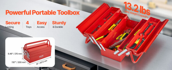 VEVOR 18in Metal Tool Box 3-Tier 5-Tray Portable Folding Tool Chest - Image 9