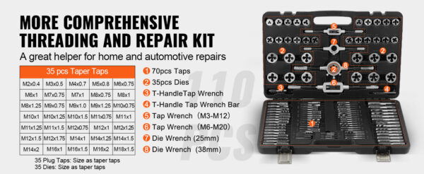 VEVOR Tap and Die Set 40PCs 60PCs 80PCs 110/116PCs Metric or SAE Standard Bearing Steel Taps and Dies Essential Threading Tool - Image 15