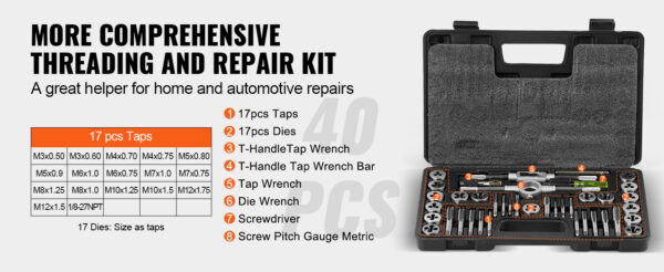 VEVOR Tap and Die Set 40PCs 60PCs 80PCs 110/116PCs Metric or SAE Standard Bearing Steel Taps and Dies Essential Threading Tool - Image 16