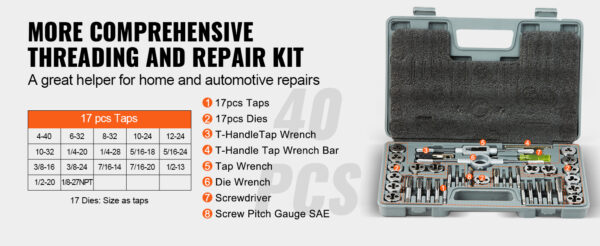 VEVOR Tap and Die Set 40PCs 60PCs 80PCs 110/116PCs Metric or SAE Standard Bearing Steel Taps and Dies Essential Threading Tool - Image 17