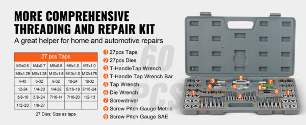 VEVOR Tap and Die Set 40PCs 60PCs 80PCs 110/116PCs Metric or SAE Standard Bearing Steel Taps and Dies Essential Threading Tool - Image 19