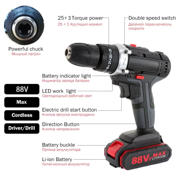 Gisam 88VF Electric Impact Drill Cordless Electric Screwdriver Drill Rechargeable Lithium Battery 2 Speeds Household Power Tools - Image 5