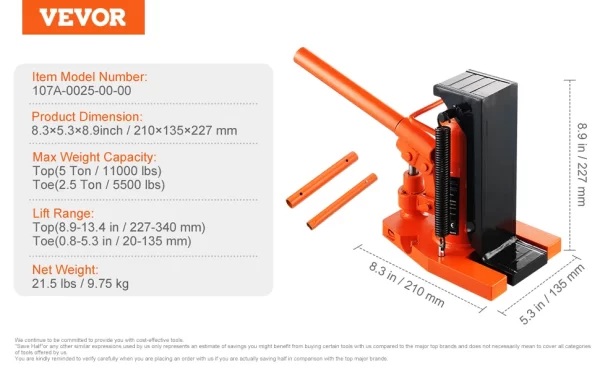 SucceBuy Hydraulic Toe Jack 2.5 Ton On Toe Toe Jack Lift 5 Ton Top Lift Capacity Machine Jack 0.8-5.3 in Toe Height 8.9-13.4 Top - Image 10