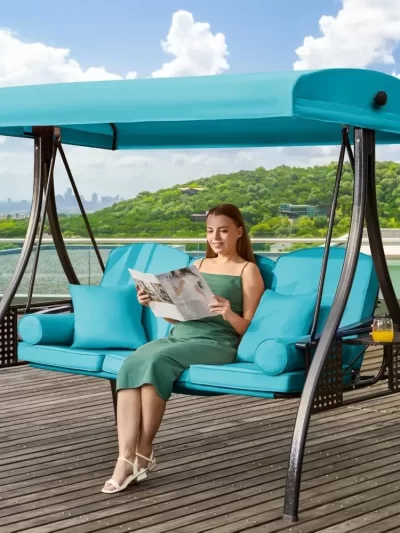 Outdoor Porch Swing with Adjustable Canopy, 3 Seat Outdoor Swing