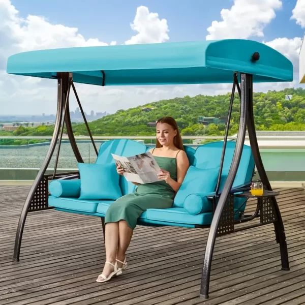 Outdoor Porch Swing with Adjustable Canopy, 3 Seat Outdoor Swing