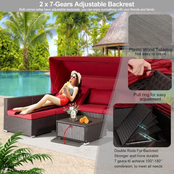 6 Pieces Patio Conversation Sets, Rectangle Wicker Daybed with Canopy - Image 3