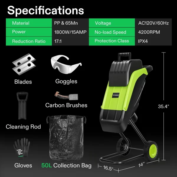 15-Amp Electric Wood Chipper Shredder with 1.57" Hopper & 50L Collection Bag, Includes Plunger, Extra Carbon Blades, Safety Gogg - Image 6