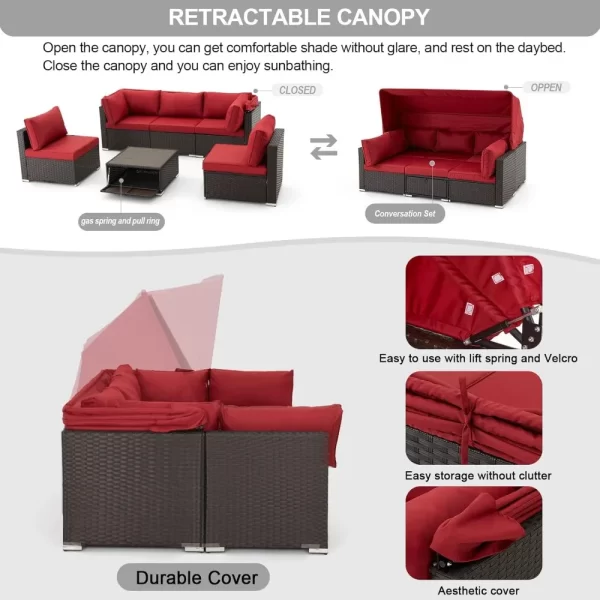 6 Pieces Patio Conversation Sets, Rectangle Wicker Daybed with Canopy - Image 2