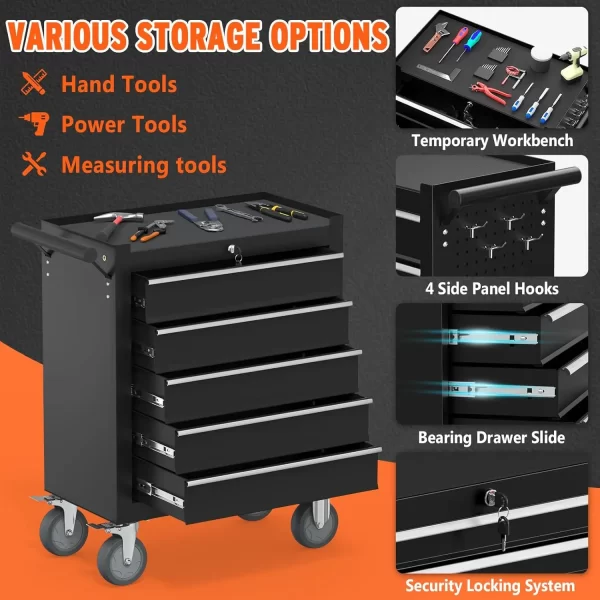 5 Drawers Tool Chest with Wheels, Metal Rolling Tool Box with Drawers, Large Capacity Tool Storage Cabinet with Keyed Locking, - Image 25