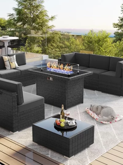 8 Piece Patio Furniture Set with 44" Propane Gas Fire Pit Table