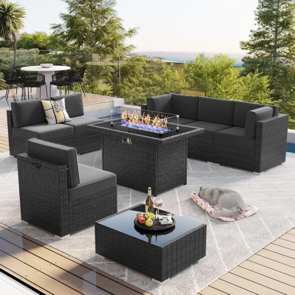 8 Piece Patio Furniture Set with 44" Propane Gas Fire Pit Table