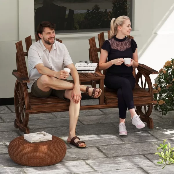 Wooden Garden Bench with Table, Umbrella Hole, 2-Seat Wagon Wheel Outdoor Bench - Image 2