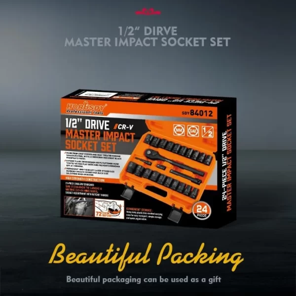 1/2" Drive Impact Socket Set, 24-Piece Shallow Standard SAE (7/16"-1") and Metric (13-24mm) Size, 6 Point - Image 2