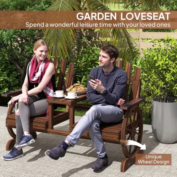Wooden Garden Bench with Table, Umbrella Hole, 2-Seat Wagon Wheel Outdoor Bench - Image 4