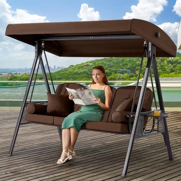 Outdoor Porch Swing with Adjustable Canopy, 3 Seat Outdoor Swing - Image 8
