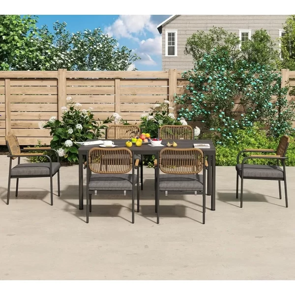 Wicker Outdoor Dining Set for 6, Upholstered 7 Piece Patio Dining Set - Image 9