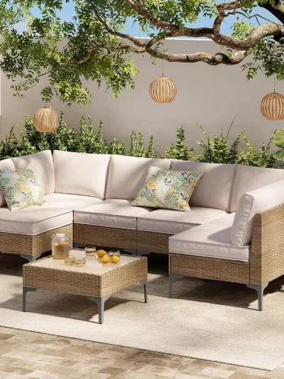 7-piece terrace furniture set,outdoor rattan segmented sofa with coffee table