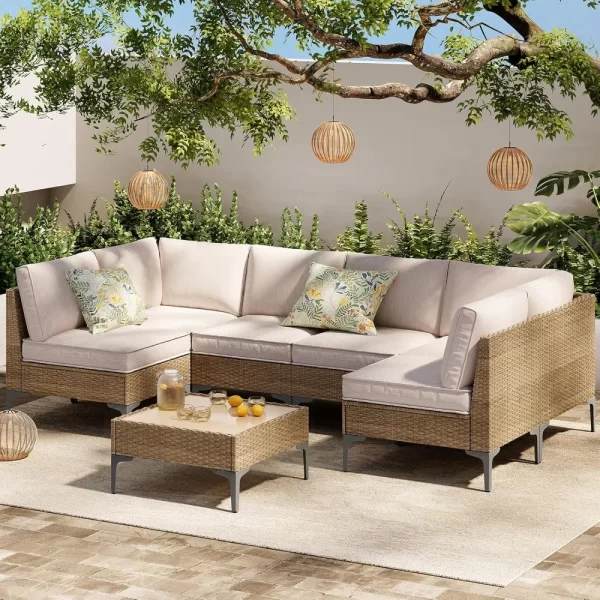 7-piece terrace furniture set,outdoor rattan segmented sofa with coffee table