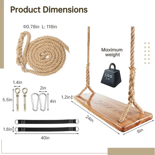 Wooden Tree Swing 500lbs Load Capacity Wooden Swing For Kids Adults Adjustable Height Waterproof - Image 6